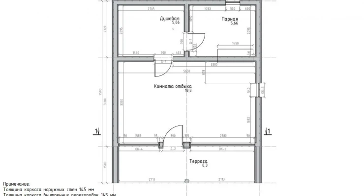 Одноэтажная баня в стиле БарнХаус 6,0х7,5-45 м² с террасой