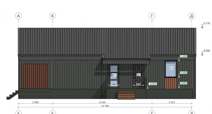 Одноэтажный дом с террасой 9,5х14,7-144 м²